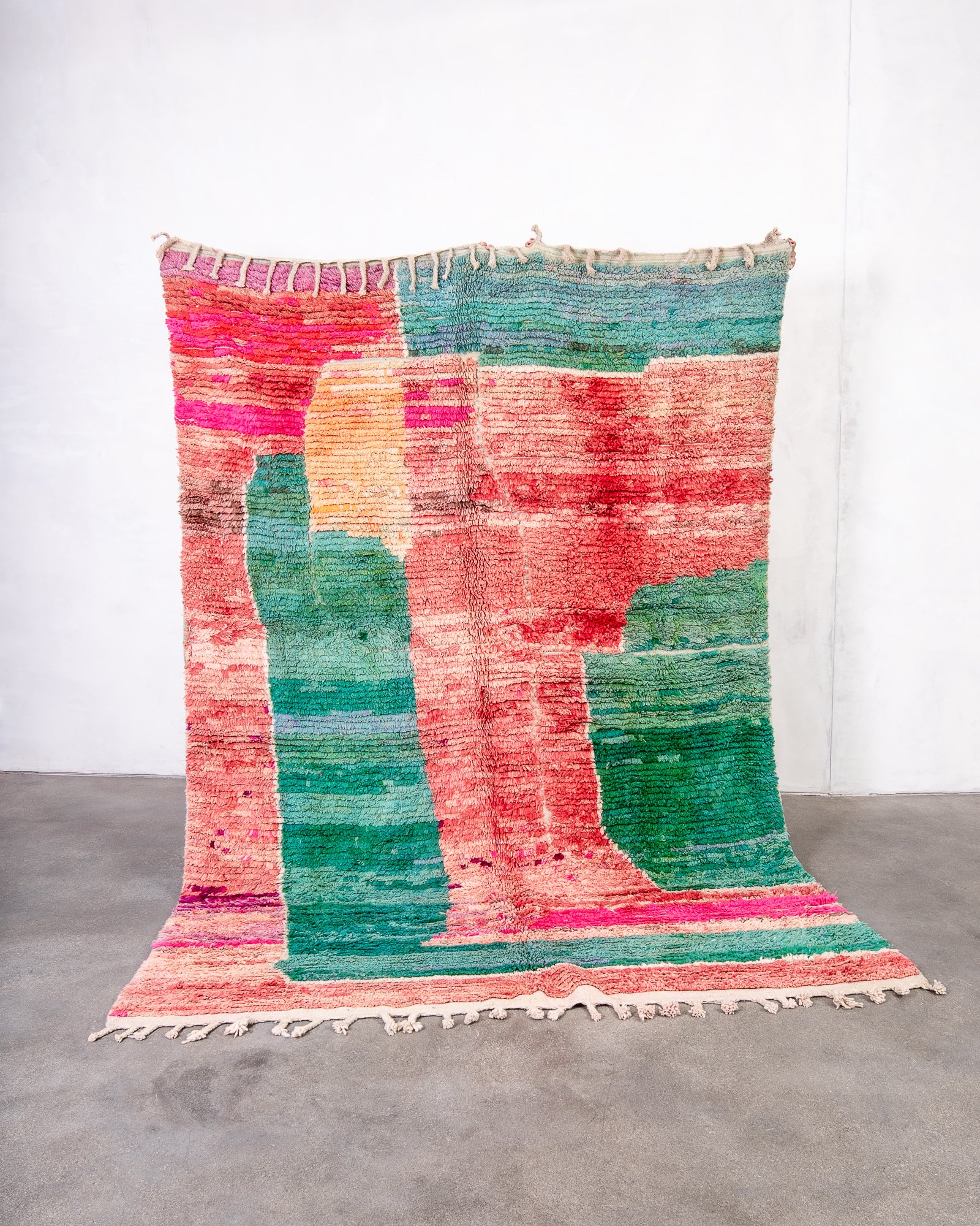 Modern, designer, handcrafted Berber rug from Morocco. Vintage carpet with beautiful colours and patterns and fluffy texture.